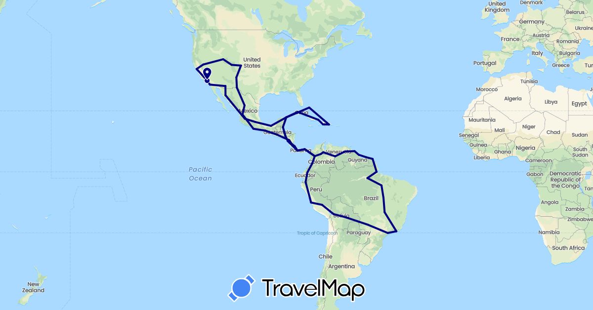 TravelMap itinerary: driving in Bolivia, Brazil, Bahamas, Belize, Colombia, Costa Rica, Cuba, Dominican Republic, Ecuador, France, Guatemala, Guyana, Honduras, Haiti, Mexico, Nicaragua, Panama, Peru, Suriname, United States, Venezuela (Europe, North America, South America)